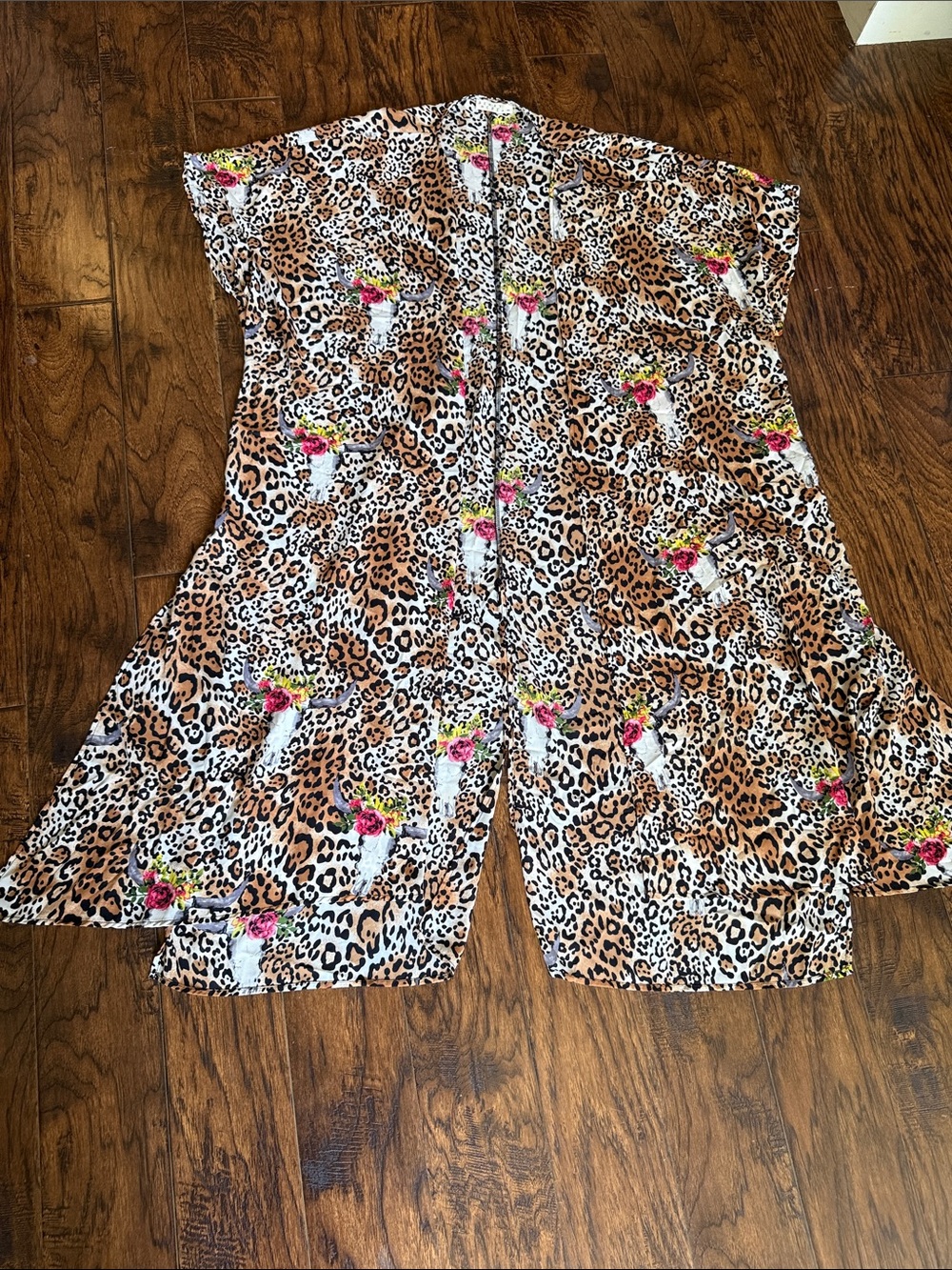 Berry and Cream Kimono, leopard print with steer horns, size medium